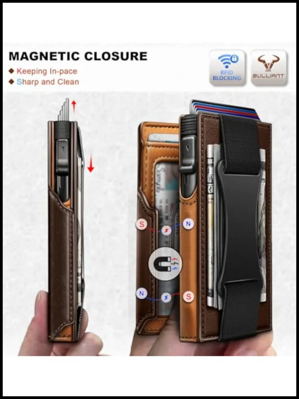 Men's Slim Leather Wallet with RFID Blocking & Money Clip, Pop-up Access